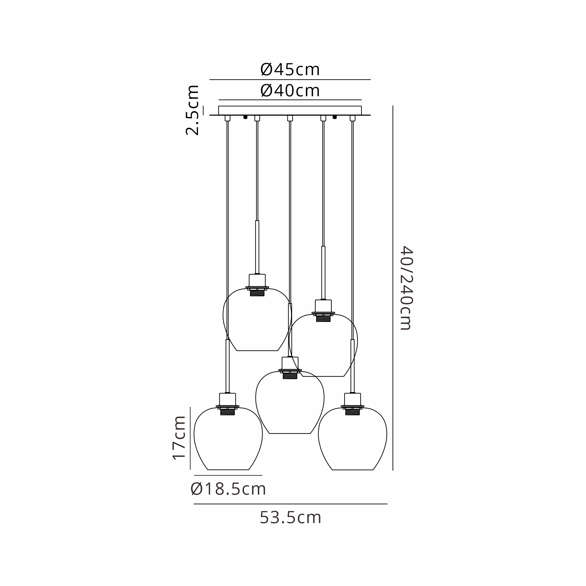 DK1384  Lori cm Round Pendant, 5 Light Adjustable E27, Satin Nickel/Chrome Wine Shades